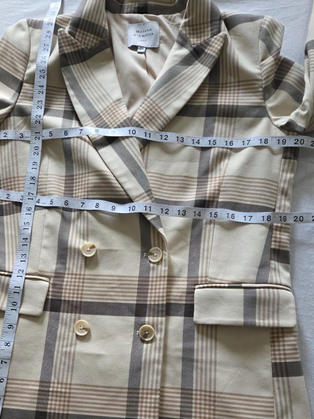 Plaid Double-Breasted Blazer Jacket in Cream - Picture 14 of 16
